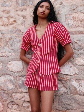 NWT Damson Madder Shell Linen Blend Puff-Sleeve Blouse